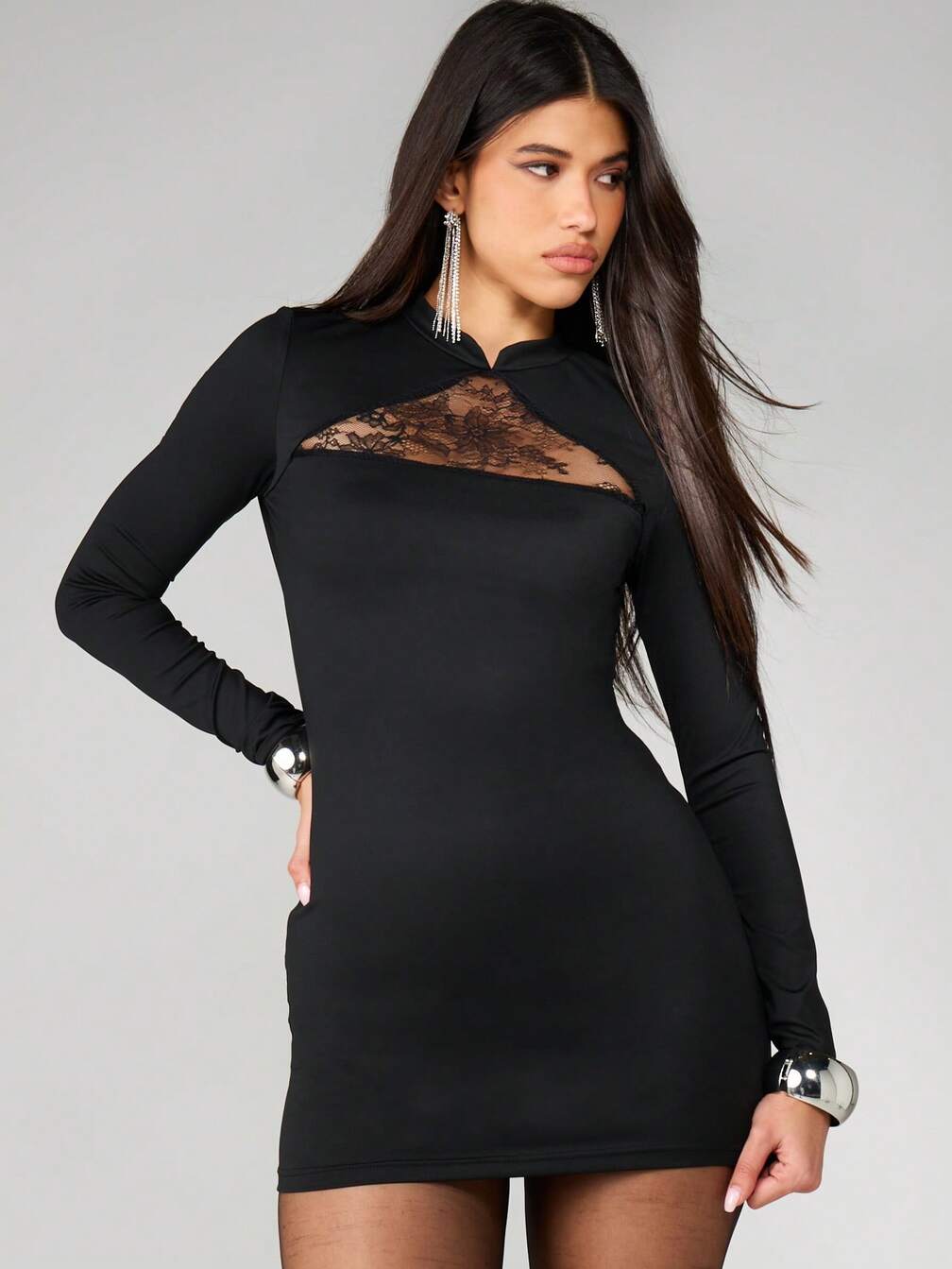 missguided bodycon lace dress MISSGUIDED Long Sleeve Bodycon Mini Dress With Lace Cut Out｜MISSGUIDED