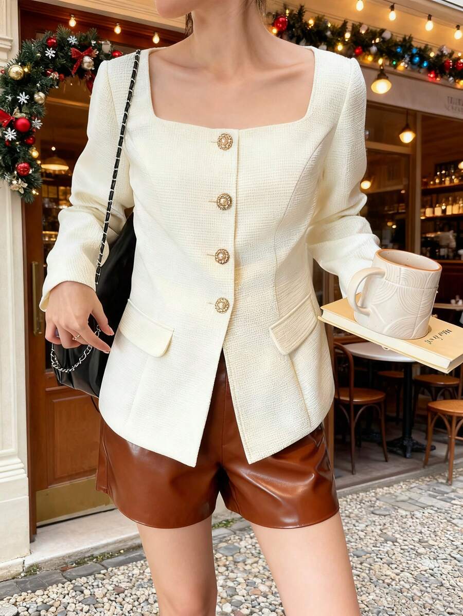 SHEIN Unity Women's Autumn And Winter Square Collar Slim Jacket, Elegant Commuter Jacket, New Year Wear, Party Jacket,New Year's Wear - Black and White - View 1