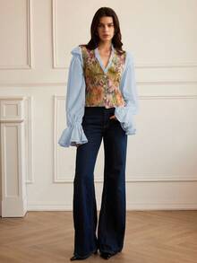 Aveloria Rosie Blouse à manches extra longues avec col à volants en contraste, en tissu jacquard mode, patchwork en faux tencel, pour le début de l'automne - Bleu azur - Voir 7