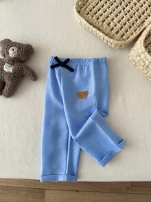 男婴可爱小熊图案休闲纯色长裤，秋季款 - 藍色 - 查看 4