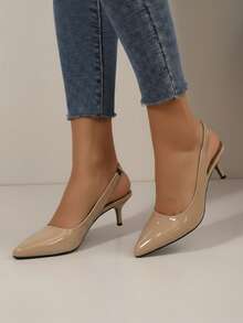 Zapato para mujer charol brillante punta fina sin cordones tacón delgado estilo minimalista uso oficina tacón elegante - Caqui - Ver 2