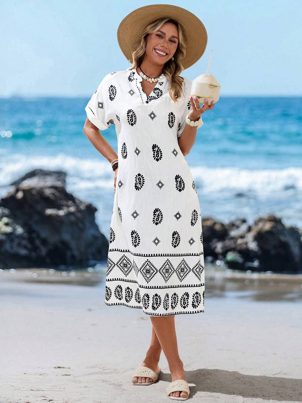 Vestido de Comprimento Médio Feminino, Elegante para o Verão