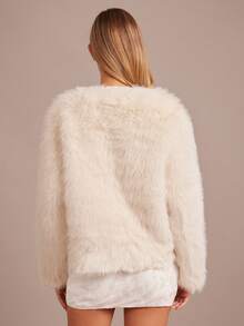 Enchnt Women's Solid Color Long Sleeve Front Tie Elegant Faux Fur Jacket, Winter - Beige - View 6