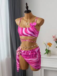 SHEIN Swim 女士夏季沙滩大理石纹印花性感比基尼套装，含罩衫和裙子