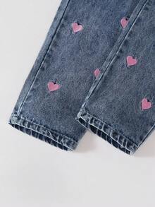 Elladie kids 2 piezas Conjunto de estilo lindo para niñas preadolescentes, incluye: Blusa de manga larga ajustada con bordado de corazón blanco/rosa, combinada con jeans de mezclilla azul medio con bordado de corazón, cómodo y de moda para la escuela y el transporte - Multicolor - Ver 6