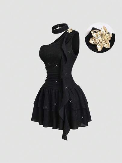 Sweetra Vestido elegante y cómodo para fiesta/cita, con diseño asimétrico, ajuste ceñido, efecto metálico brillante, volantes con forma de medusa y sin tirantes para mujer