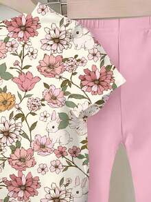 Bộ áo thun in hoa và quần ống loe cho bé gái, thiết kế hình thỏ dễ thương, phong cách đồng quê giản dị, phù hợp cho mọi mùa - Hồng - Xem 5