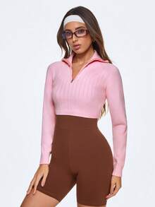 Eassivo Cropped Fitted Long Sleeve Stand Collar Knit Sweater - Pink - View 3
