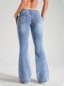 SHEIN Tall Quần Jeans Ống Loe Cạp Thấp Phong Cách Đường Phố Có Túi Trang Trí Cho Nữ - Rửa trung bình - Xem 2