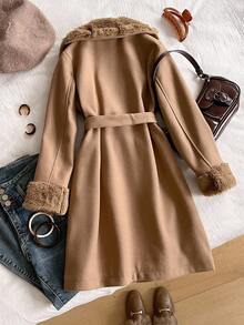 SHEIN Elegant & Refined Coat For Teen Girl Patchwork Fluffy Belted Slim Long Coat For Commuting & Outdoor, Luxurious Jacquard Fluffy High-End Fashion Coat - Khaki - View 2