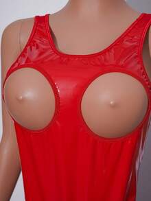 AltCore Y2K Punk Sexy Hollow Out Crotch Open PU Patchwork Bodysuit For Women - Red - View 4