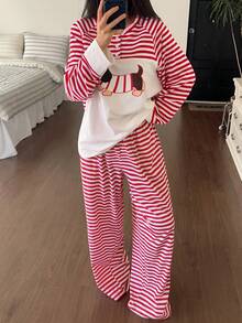 DAZY 2pcs Women Puppy Pattern Striped Loose Long Sleeve Pajama Set, Winter Clothes - Red and White - View 1
