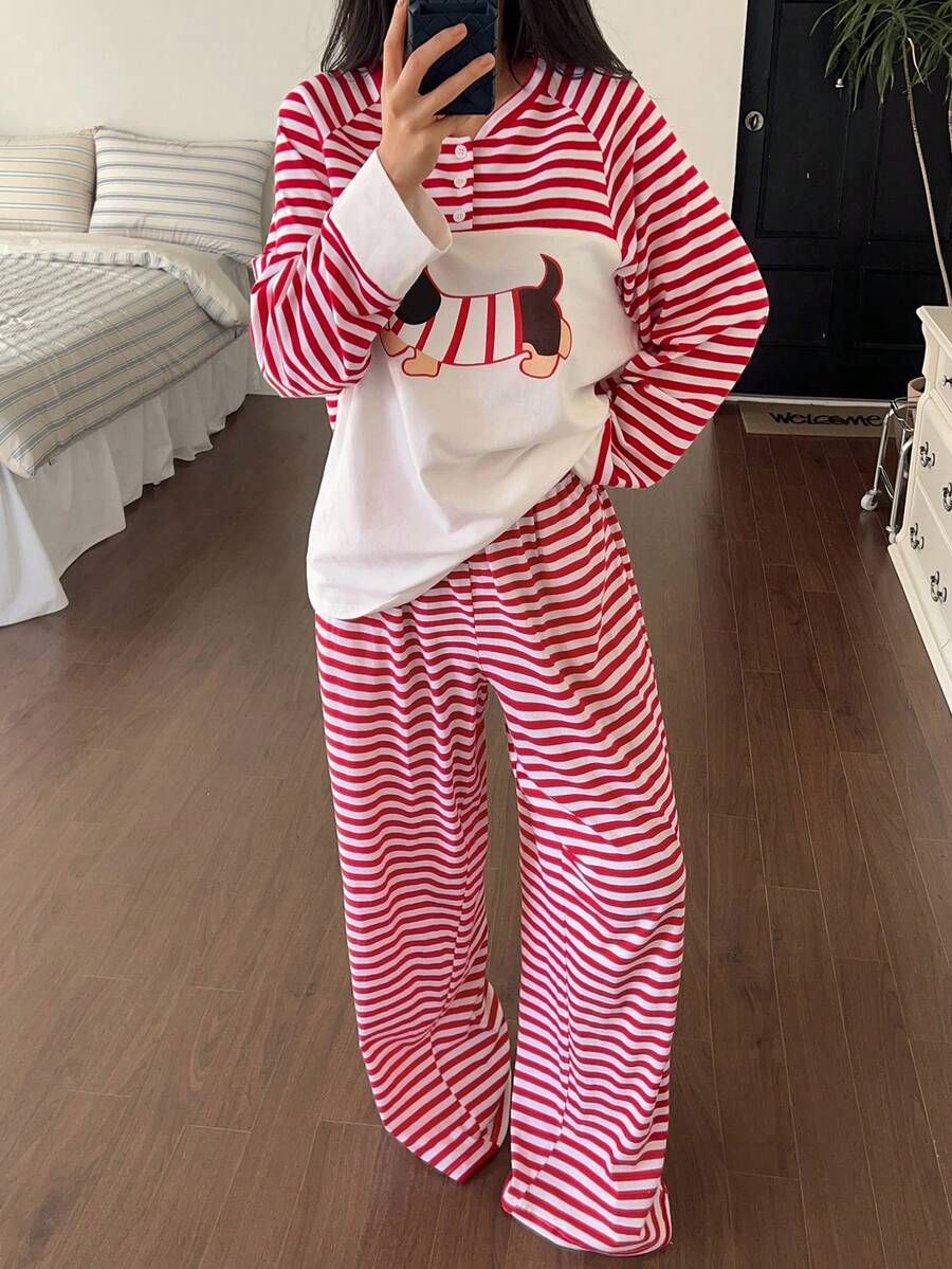 DAZY 2pcs Women Puppy Pattern Striped Loose Long Sleeve Pajama Set, Winter Clothes - Red and White - View 1