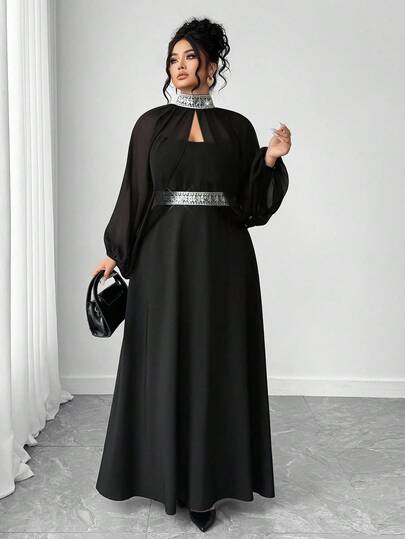 Elenzga Christmas Plus Size Women's Elegant High-End Niche Chiffon Scarf Shawl Sleeve Open Slit Waist Tie Decor Long Dress, Dark Feminine Fashion (Wednesday Aesthetic), Suitable For Everyday, Party, Banquet