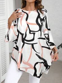 EMERY ROSE Plus Size Asymmetric Hem Allover Print Casual Shirt, Suitable For Commuting, Autumn - Apricot - View 1