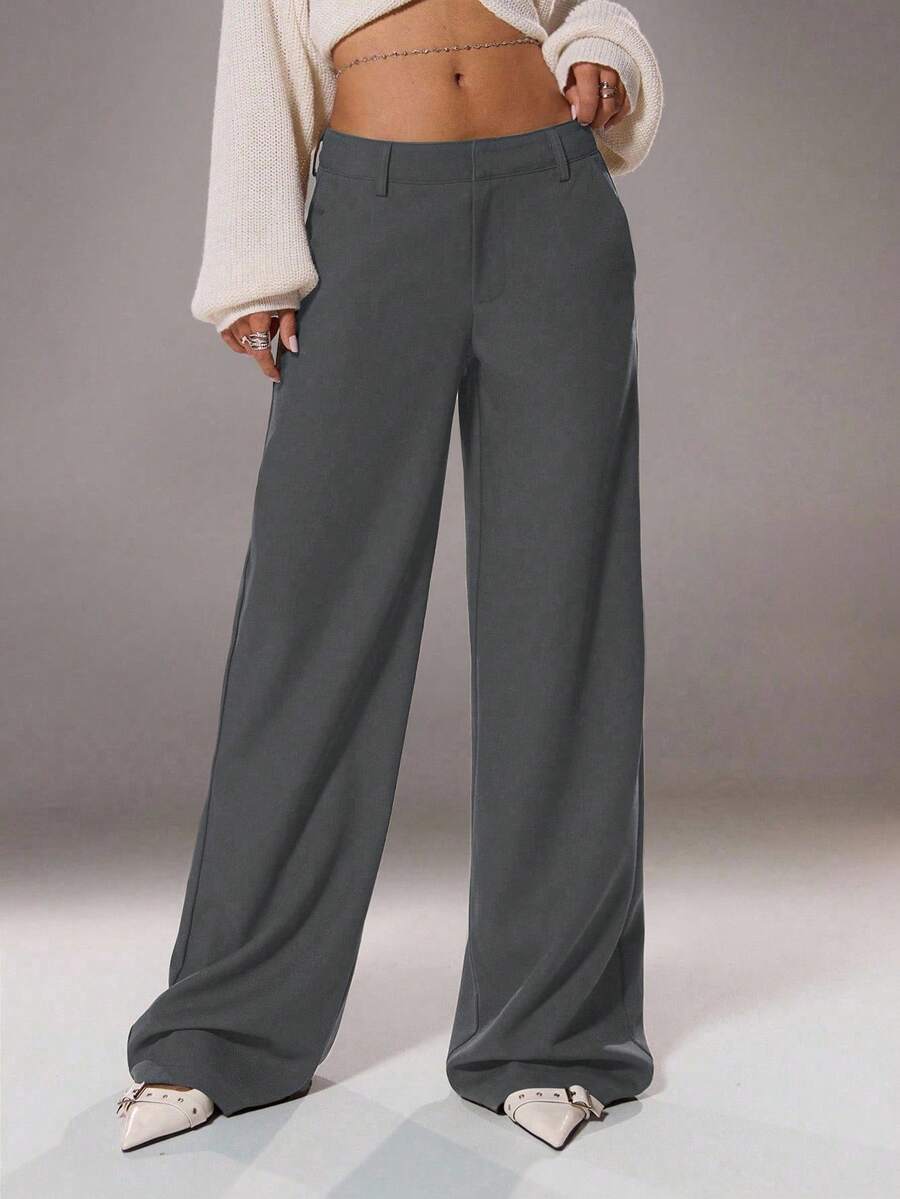 TRNVIE Retro Light Gray Flowy Niche Women's Minimalist Elegant Commuting High-End Flared Pants, Versatile Chic Slimming Long Trousers - Light Grey - View 1