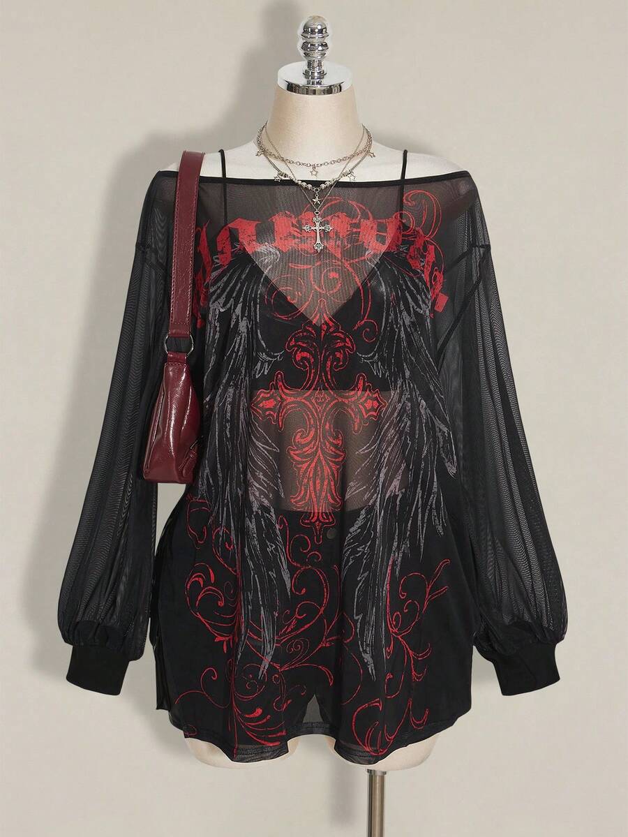 SHEIN ICON 大码 Y2K 复古朋克印花网纱透视宽肩开衩迷你连衣裙 - 黑色 - 查看 1