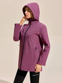 Exploreva Chaqueta con capucha de mujer de unicolor, manga larga, hombros caídos, bolsillos y cremallera delantera para uso al aire libre - Morado - Ver 5