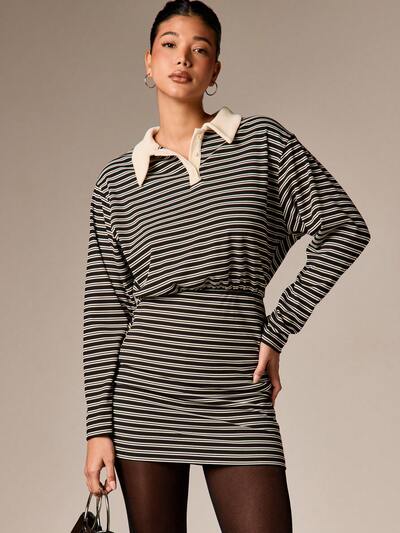 AiiRZ 캐주얼한 데이웨어용 벨트 디테일이 있는 스트라이프 칼라 긴소매 폴로 미니 드레스