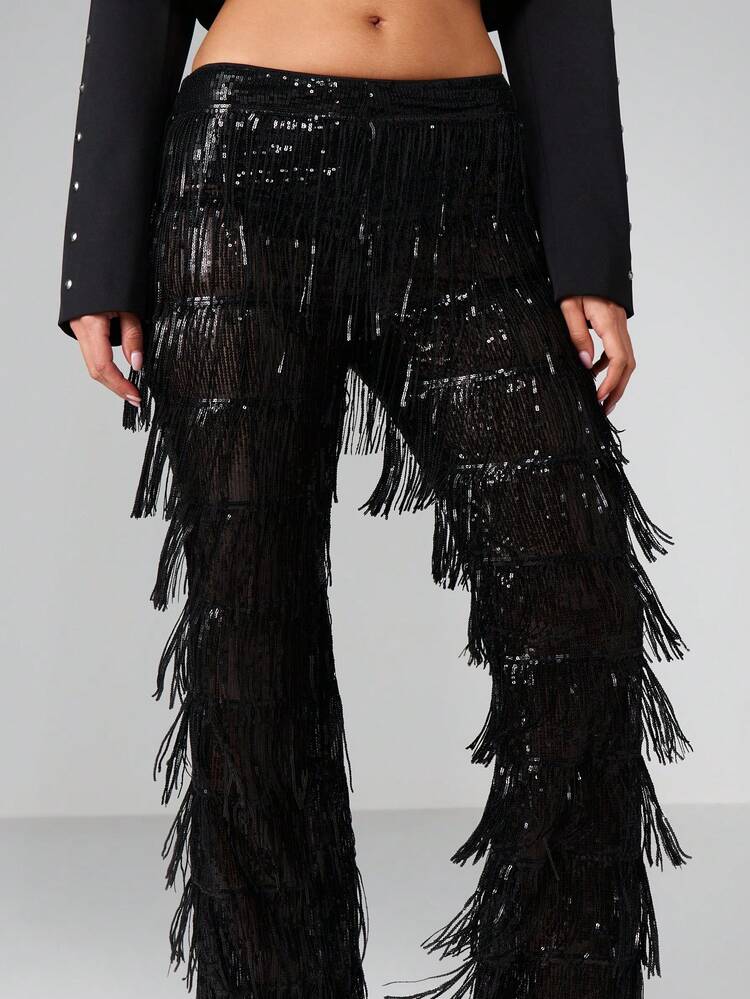 MISSGUIDED Sequin Fringe Flare Pants With Tiered Tassels And Sparkling Details For Party Events