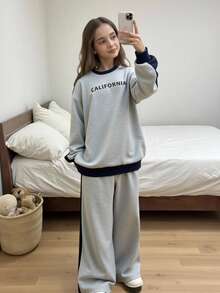2件套少女休闲运动家居服套装，包括卫衣和阔腿运动裤，撞色宽松圆领长袖连帽衫和裤子，返校套装，灰色和藏蓝色 - 灰色 - 查看 4