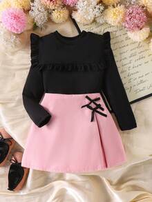 SHEIN Elladie kids 女童可爱黑色罗纹长袖上衣搭配蝴蝶结装饰开衩裙，秋冬T恤套装 - 粉色 - 查看 8
