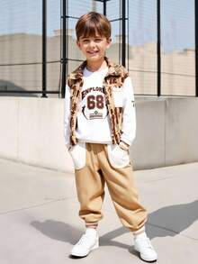 3pcs Toddler Boys Outfit Set: White Hoodie Sweatshirt With Letter Print, Long Sleeve Contrast Jacket With Zipper Closure, Khaki Casual Pants, Fashionable Sporty Style Suitable For Autumn/Winter Outings, Vacation, Shopping - Khaki - View 3