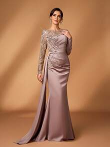 Serin Rochie elegantă și luxoasă, cu perle și paiete, cu aplicații florale, model patchwork, din satin elastic, transparentă, cu mânecă lungă, tip sirenă, cu crăpături laterale, potrivită pentru nuntă, petrecere, vacanță, bal, rochie de seară pentru mama miresei, de Ziua Îndrăgostiților - Șampanie - Vizualizare 1