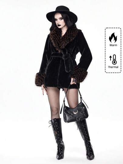 Women's Vintage Patchwork Faux Fur Collar Belt Jacket