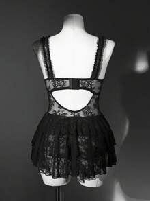 SHEIN Plus Size Sexy Lace Trim Mesh Bow Babydoll Lingerie Set With G-String - Black - View 7