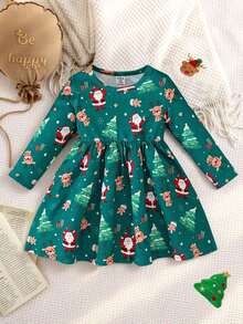 SHEIN Playful Pals 可爱圣诞老人和驯鹿印花长袖休闲舒适女婴节日服装 - 彩色 - 查看 2