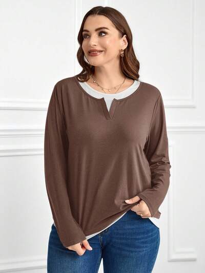 Plus Size Women's Country Casual Long Sleeve 2 In 1 T-Shirt, Suitable ,Winter Women Clothes