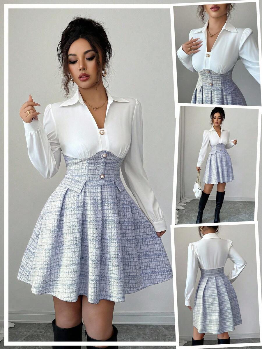 Elenzga Váy xòe tay dài họa tiết kẻ caro cổ điển dành cho nữ, thích hợp cho các buổi hẹn hò, tụ họp, lễ hội âm nhạc, lễ hội hóa trang và nhiều dịp khác, mùa xuân/thu - Xanh và trắng - Xem 1