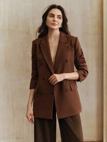Anewsta Urban Chic Commuter Striped Contrast Color Cuffed Long Sleeve Women Blazer Jacket - Brown - View 5