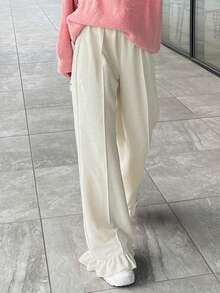 FRIFUL 女士弹力腰带天鹅绒蕾丝边长裤 - 米色 - 查看 6