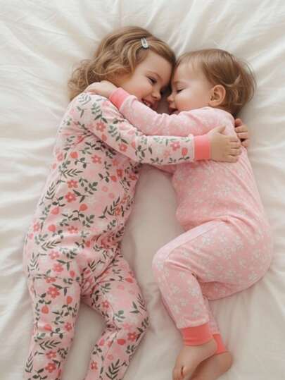 2pcs Baby Girls Floral Print Long Sleeve Jumpsuit & Leggings Set, Snug Fit Casual Outfit, Summer Travel