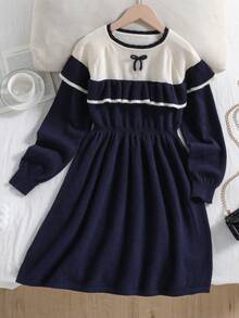 Sparklyn 女童荷叶边A字毛衣连衣裙，藏蓝色，手工蝴蝶结腰带，长袖，适合圣诞节、度假、休闲穿着，百搭，秋冬季皆宜。