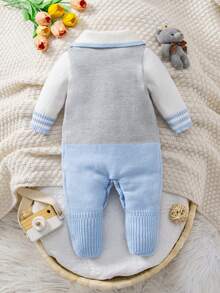 SHEIN Baby Boy Clothing Cute Blue Autumn Birthday One-Piece Crawling Suit,Diamond Pattern Long-Sleeved Knitted Sweater Romper For Parties,Christmas,Soft - Blue - View 3