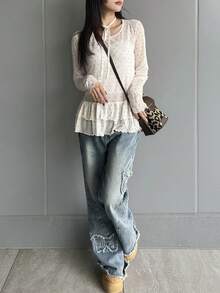 FRIFUL 女士波点印花荷叶边长袖薄纱衬衫，夏季时尚之选 - 白色 - 查看 2