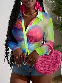 Slaydiva Plus Size Regular Fit Printed Casual Shirt, Spring/Summer - Multicolor - View 3