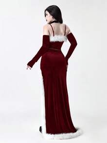 ROMWE Gothic Style Velvet Patchwork Fur Trim High Slit Fitted Dress - Burgundy - View 4