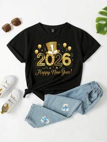 2026新年快乐 女式休闲时尚创意个性化清新可爱简约数字丝带皇冠图案字母标语印花宽松基础款短袖T恤，新年氛围，适合女性 - 黑色 - 查看 3