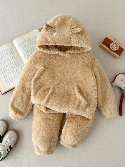 Blossori 女童法式优雅熊耳连帽蓬松长袖卫衣和运动裤套装