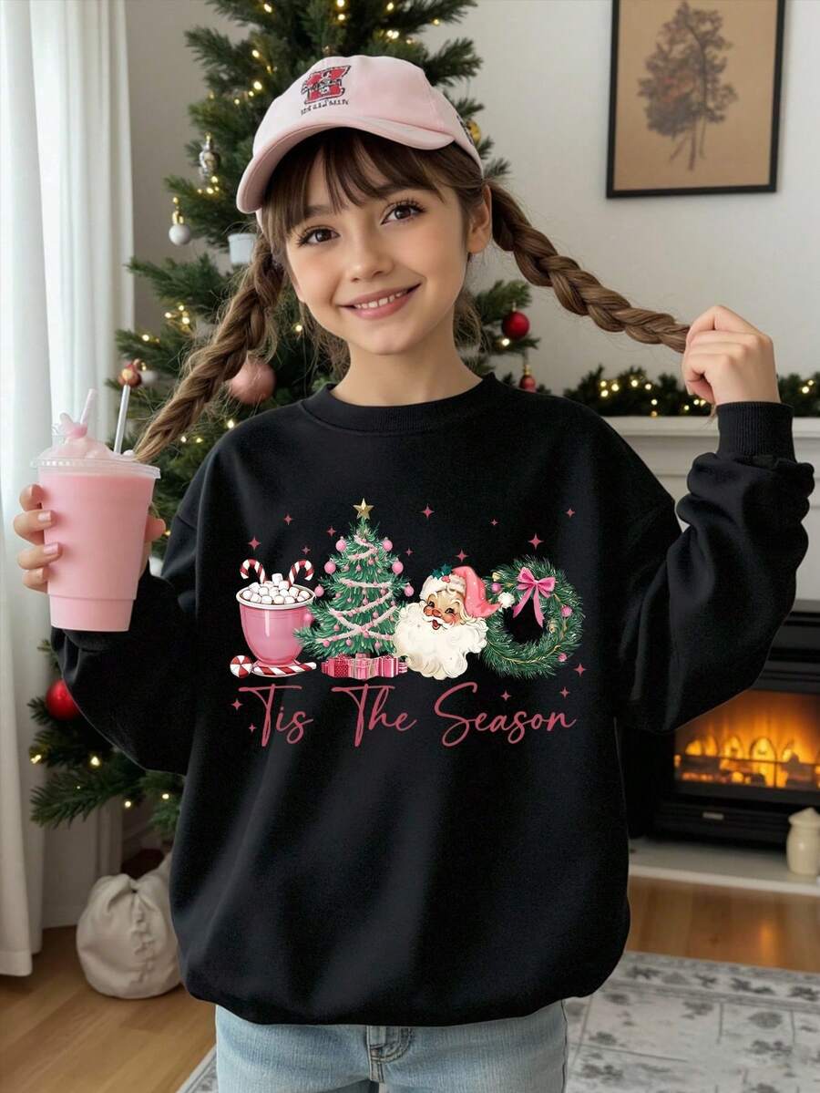 Young Girl' Basic Round Neck Fleece Sweatshirt - White - Black - View 1