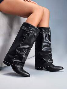 CUCCOO GRLICON Y2K Punk Style Pointed Toe Wooden Heel Knee-High Slip-On Buckle Belt Rivet Decor Boots, Suitable For Motorcycle, Cool Girl, Halloween, Christmas, Party Outfits - Black - View 3