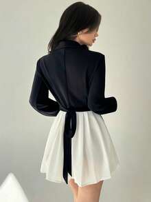 Firerie Blazer élégant de bureau pour femmes avec col Mao, taille cintrée, jupe plissée à dos noué. Tenue de bureau élégante pour le trajet domicile-travail, jupe de tailleur d'affaires, pour le printemps, l'automne et l'hiver. Tenue élégante pour le travail, le quotidien, pour les femmes enseignantes.