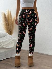 SHEIN EZwear Quần legging dài in họa tiết ông già Noel, cây thông Noel, người tuyết, giản dị dành cho nữ, sang trọng cho mùa thu/đông - Nhiều màu - Xem 5