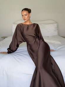 Siren Gaze Women's New Elegant Romantic Casual Urban Commute Elegant Fashion Versatile Coffee Brown Round Neck Batwing Long Sleeve Tie-Waist X-Shaped Regular Fit Dress, Suitable For Teachers, Winter Outfits, Autumn/Winter Wedding Guest Attire, Evening Gown, Brown Dress For Women, Elegant Dress For Women, New Year Dress, Long Brown Dress, Chocolate Brown Dress, Lantern Sleeve Dress, Modest Dress,Long Sleeve Elegant Dress Luxury Dress For Women Long Silk Dress Satin Long Dress Spring - Brown - View 4