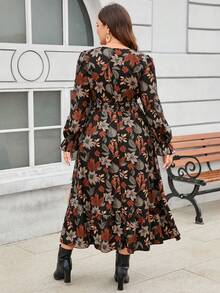 SHEIN LUNE CURVE Plus Size Vintage Leaf & Floral Print Waist Cinched Ruffle Hem Flattering Dress - Black - View 2