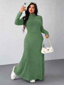 SHEIN EZwear Váy maxi cổ lọ họa tiết gân len xanh lá cây cỡ lớn thường ngày, thu/đông - xanh quân đội - Xem 5